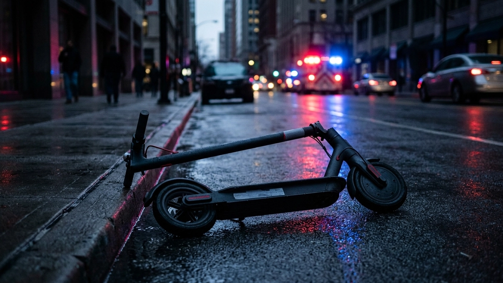 A modern electric scooter lying on its side on a dark city street, illuminated by the red and blue glow of distant emergency vehicle lights.