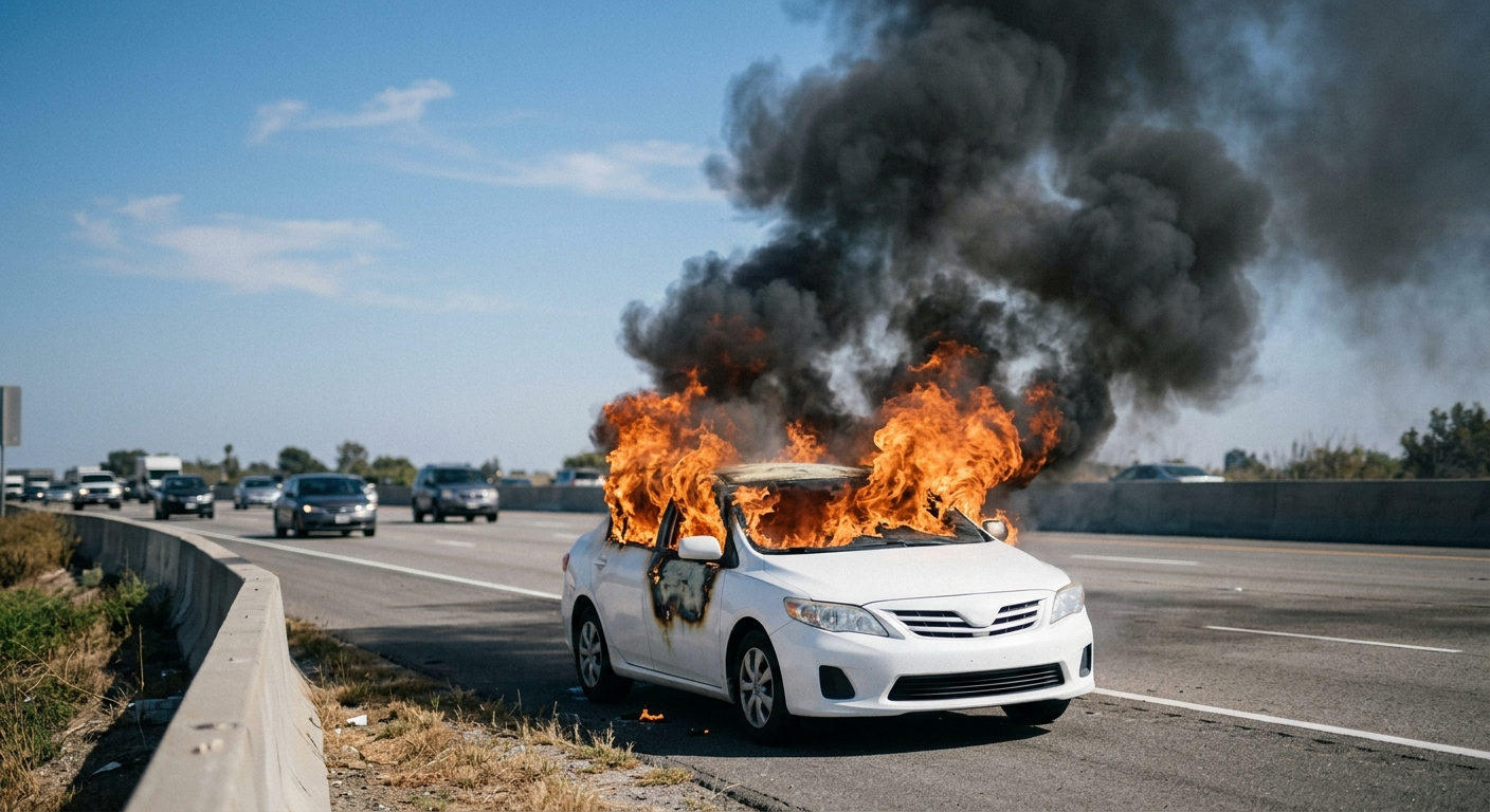 A white sedan engulfed in orange flames on the shoulder of a multi-lane freeway with heavy grey smoke rising into a clear blue sky.