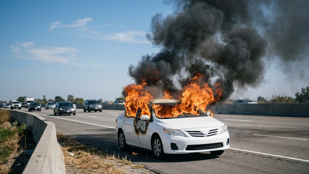 A white sedan engulfed in orange flames on the shoulder of a multi-lane freeway with heavy grey smoke rising into a clear blue sky.