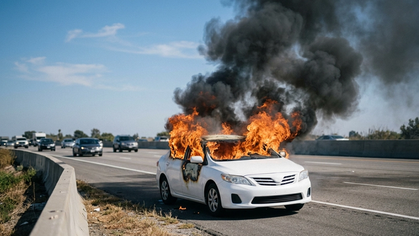 A white sedan engulfed in orange flames on the shoulder of a multi-lane freeway with heavy grey smoke rising into a clear blue sky.