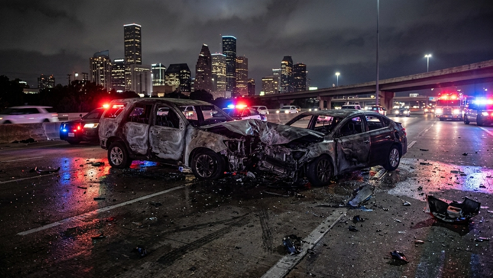 A night scene of a Houston highway with emergency lights reflecting on the road near the charred remains of two vehicles involved in a head-on collision.