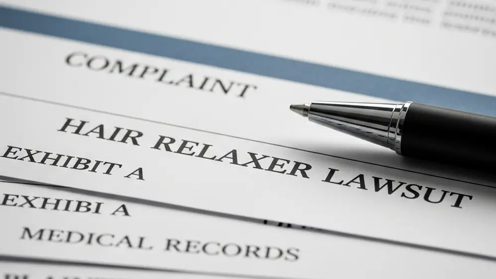 Close-up of a legal document or court papers with a pen, symbolizing evidence collection for a hair relaxer lawsuit.