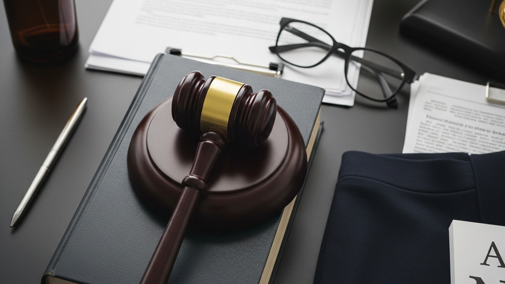 An overhead view of a wooden gavel resting on a thick law book next to a pair of glasses on a dark office desk, symbolizing the legal deadlines for malpractice claims.