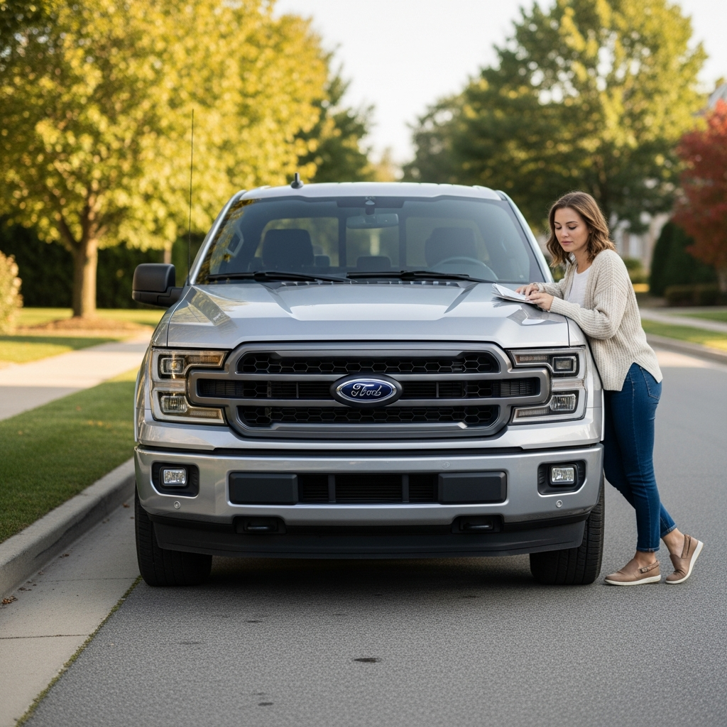 A modern Ford pickup truck parked on a quiet residential street, showing the characteristic front grille and headlights without any visible logos or text.