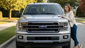 A modern Ford pickup truck parked on a quiet residential street, showing the characteristic front grille and headlights without any visible logos or text.