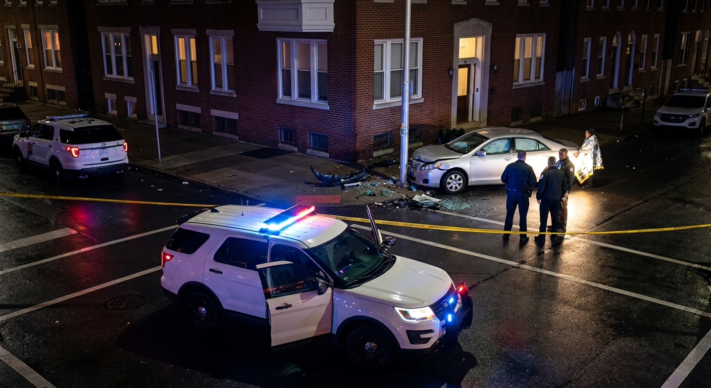 A patrol vehicle with flashing blue and red lights parked on a dark city street next to yellow caution tape at a crash site.