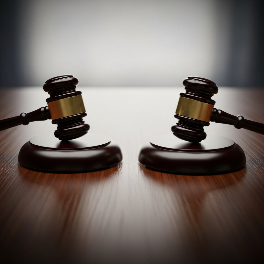 A symbolic image of two gavels resting on a dark wooden surface, representing the separate but parallel systems of civil and criminal law.