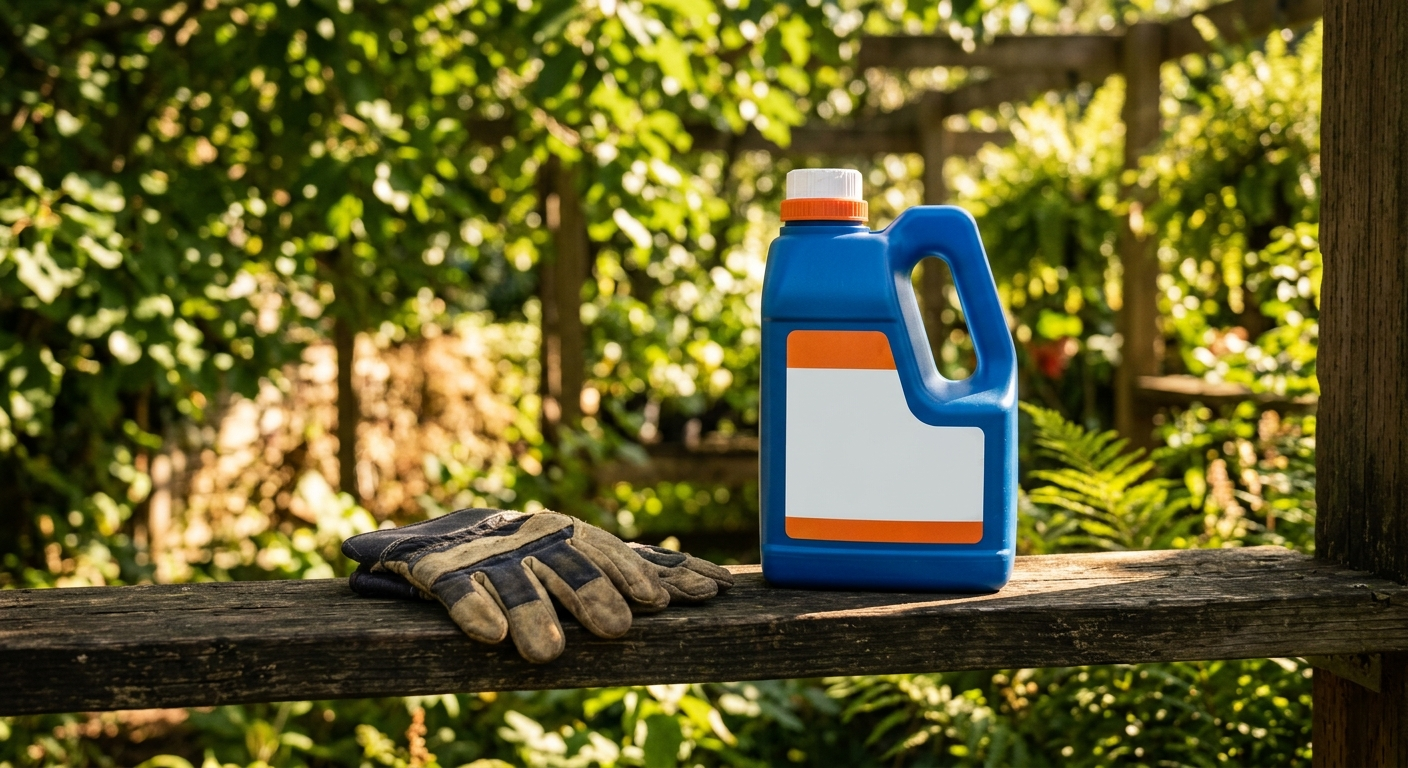 A close-up view of a blue herbicide bottle sitting on a wooden garden shelf next to some gardening gloves, with sunlight filtering through leaves in the background.