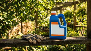 A close-up view of a blue herbicide bottle sitting on a wooden garden shelf next to some gardening gloves, with sunlight filtering through leaves in the background.