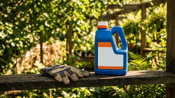 A close-up view of a blue herbicide bottle sitting on a wooden garden shelf next to some gardening gloves, with sunlight filtering through leaves in the background.