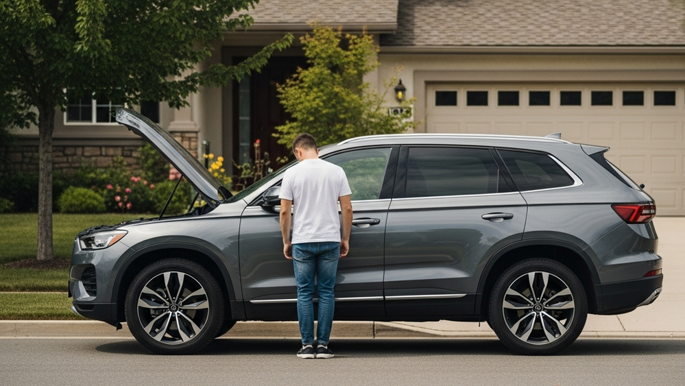 A side-view of a modern SUV parked on a suburban street with its hood open, suggesting mechanical issues, under soft natural daylight.