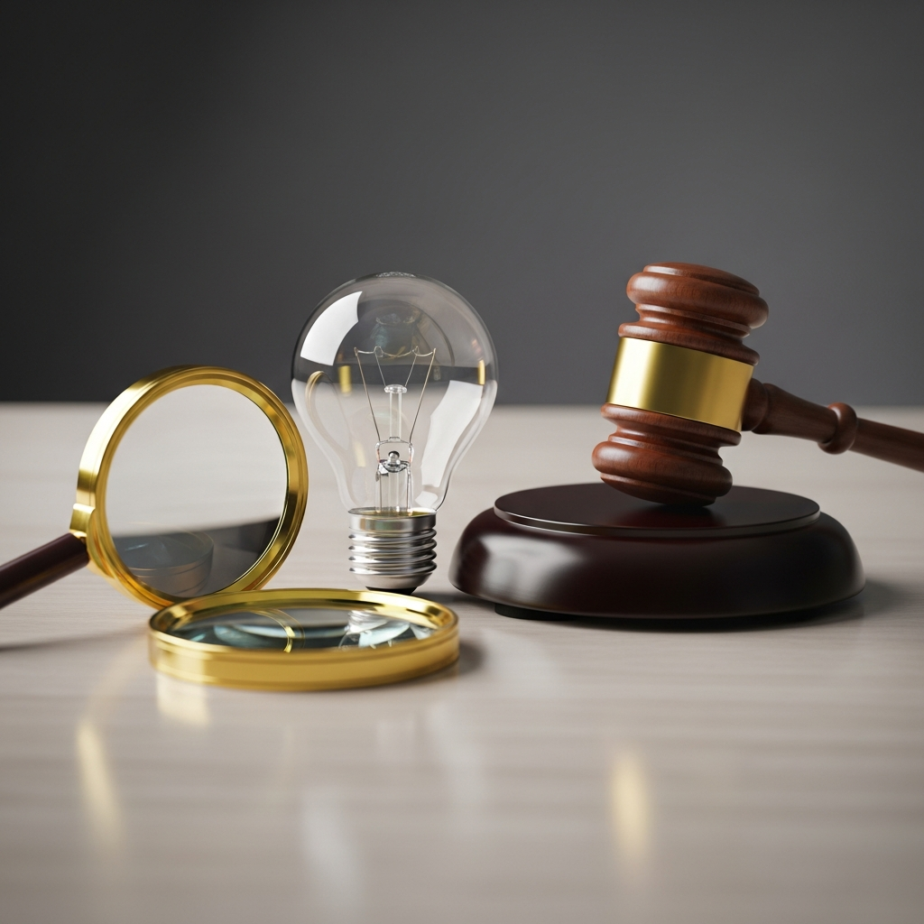 A wooden gavel resting on a desk next to a lightbulb and a magnifying glass, symbolizing the intersection of law and creative invention.