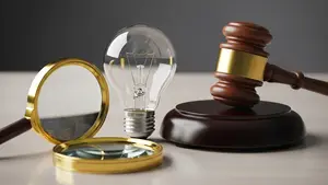 A wooden gavel resting on a desk next to a lightbulb and a magnifying glass, symbolizing the intersection of law and creative invention.