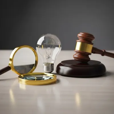 A wooden gavel resting on a desk next to a lightbulb and a magnifying glass, symbolizing the intersection of law and creative invention.