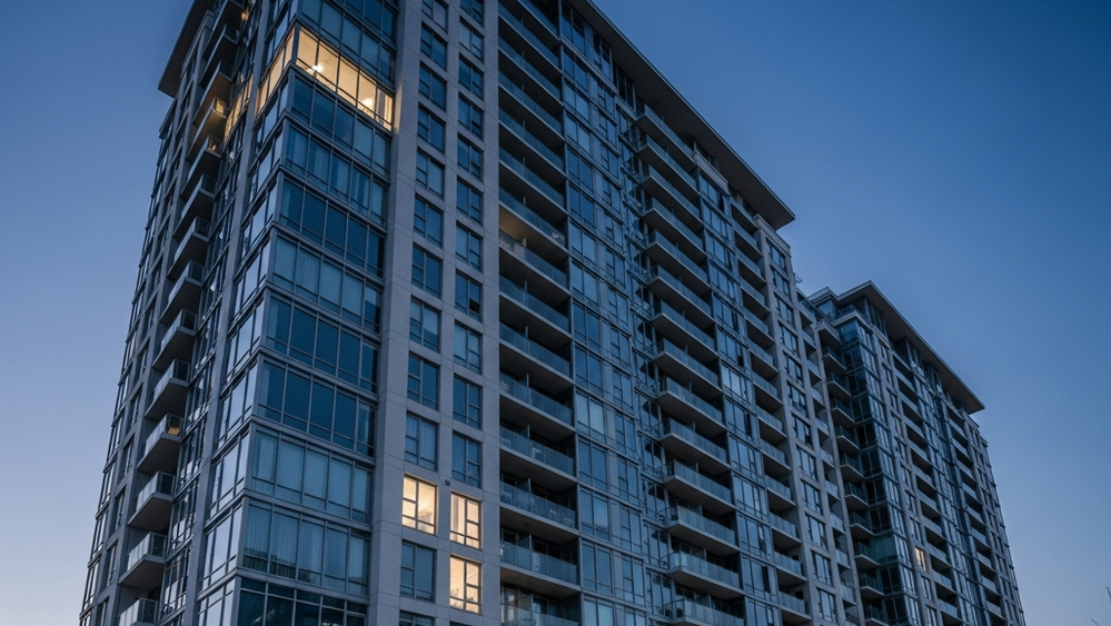 A low-angle shot of a multi-story residential apartment building at dusk with modern architecture and glowing windows against a dark blue sky.