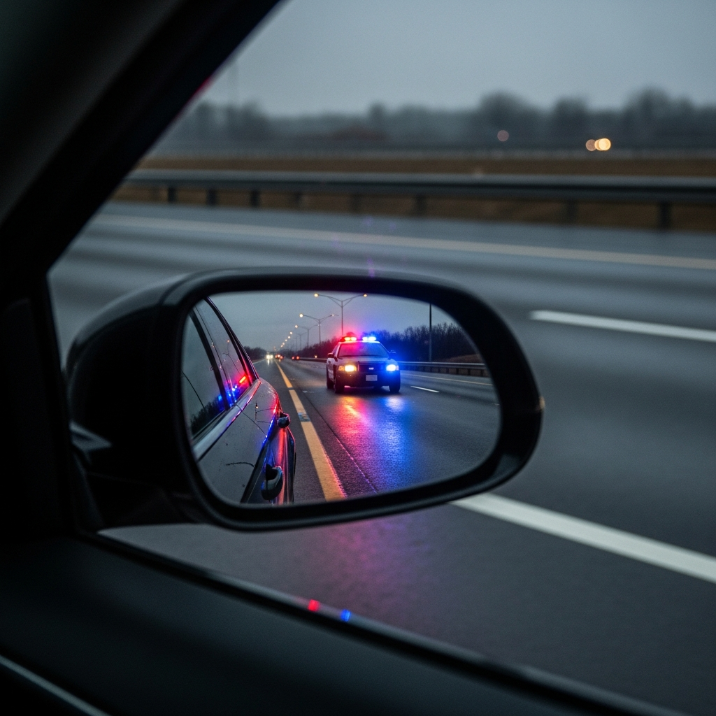 A police cruiser's flashing blue and red lights reflected in the rearview mirror of a stopped sedan on the side of a highway at dusk