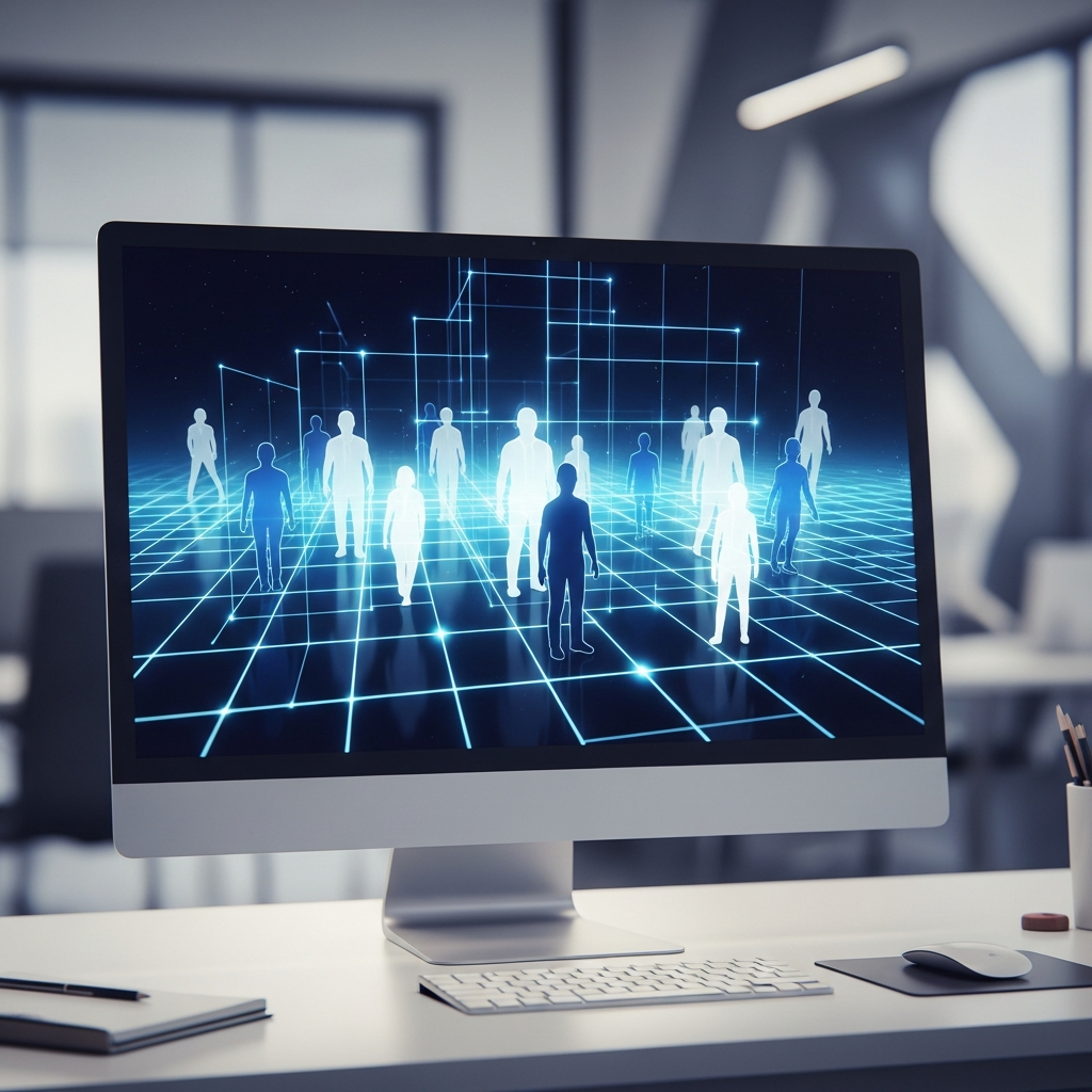 A modern office setting where a computer monitor displays a series of stylized human silhouettes being sorted by a glowing digital grid, representing algorithmic processing of job applications.