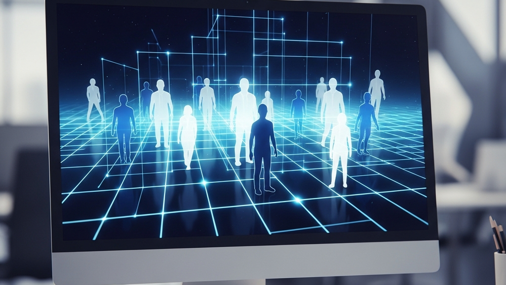 A modern office setting where a computer monitor displays a series of stylized human silhouettes being sorted by a glowing digital grid, representing algorithmic processing of job applications.
