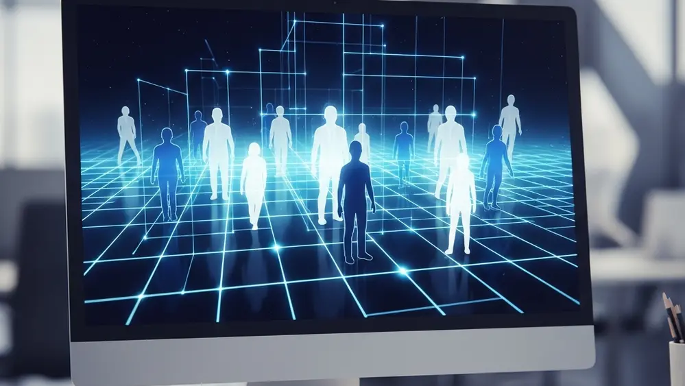 A modern office setting where a computer monitor displays a series of stylized human silhouettes being sorted by a glowing digital grid, representing algorithmic processing of job applications.