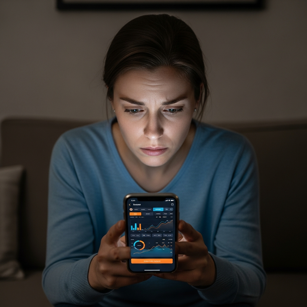 A person holding a smartphone showing a sports betting interface with colorful charts and buttons, sitting alone in a dimly lit room with a stressed expression.