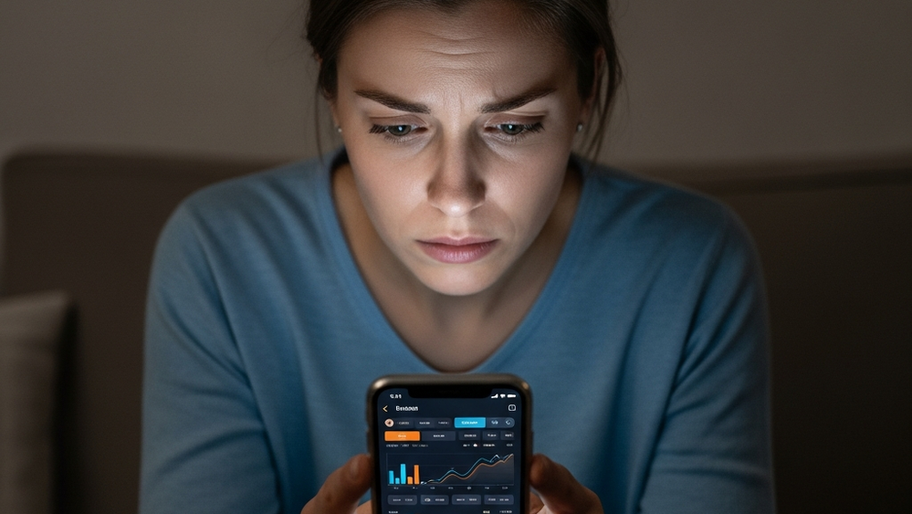 A person holding a smartphone showing a sports betting interface with colorful charts and buttons, sitting alone in a dimly lit room with a stressed expression.