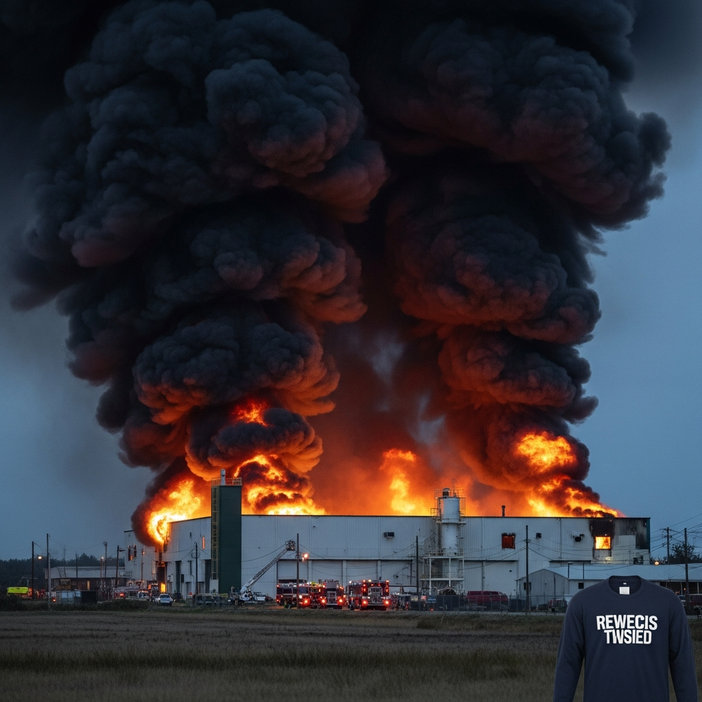 A large industrial building engulfed in thick black smoke and orange flames with emergency vehicle lights visible in the distance