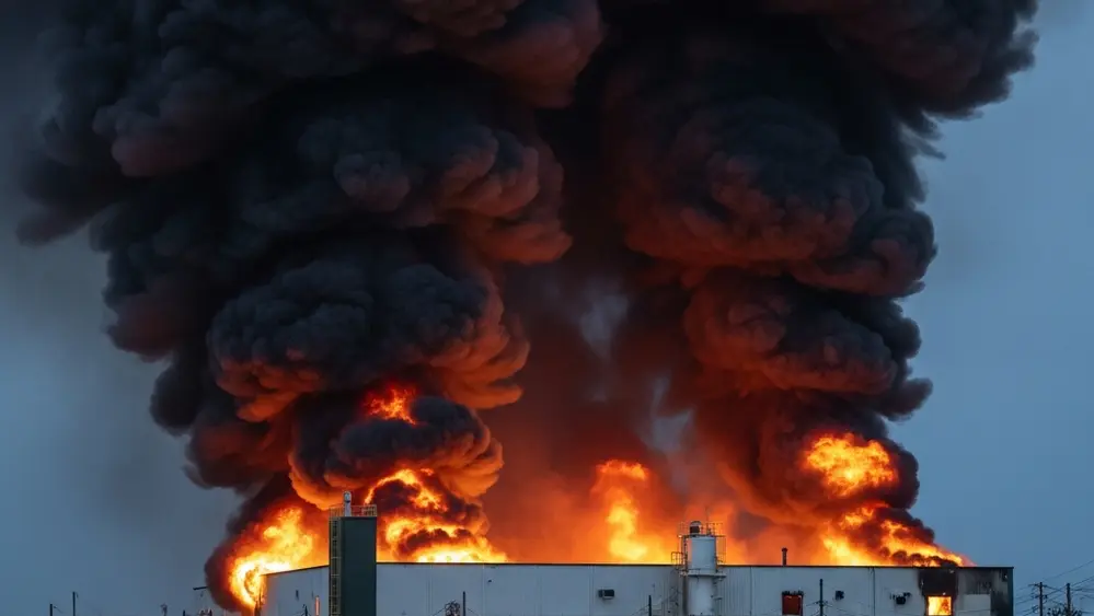 A large industrial building engulfed in thick black smoke and orange flames with emergency vehicle lights visible in the distance