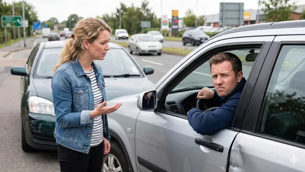 A concerned woman in a denim jacket and striped shirt speaks urgently with a gesturing hand to an annoyed-looking man in a silver car after an accident. The car door is open, and both vehicles are damaged