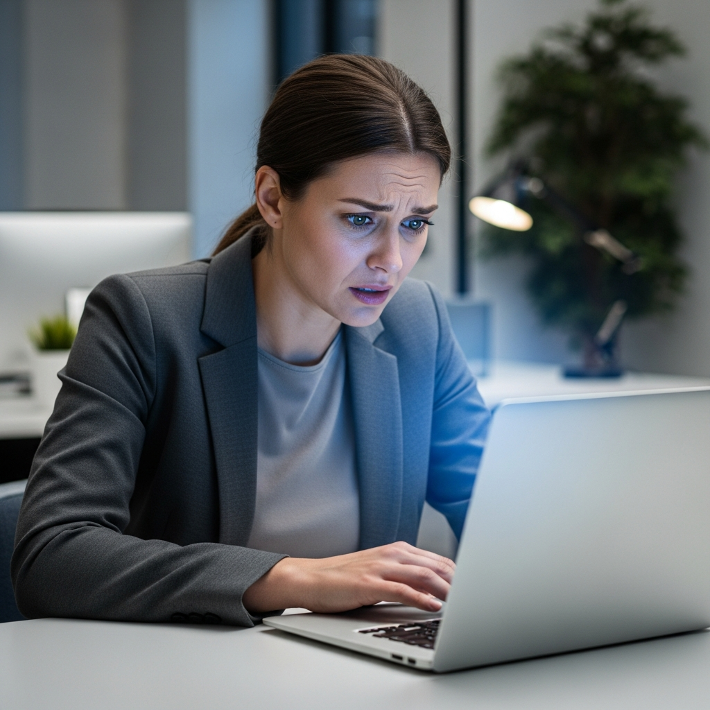 A professional office setting where an employee looks distressed while looking at a laptop screen, symbolizing digital workplace harassment.