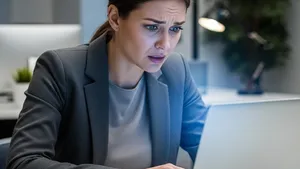 A professional office setting where an employee looks distressed while looking at a laptop screen, symbolizing digital workplace harassment.