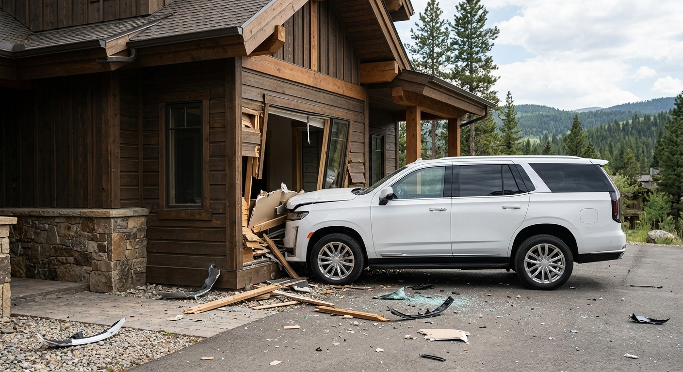 A large white sport utility vehicle partially lodged inside the corner of a mountain-style wooden building with debris scattered on the ground.