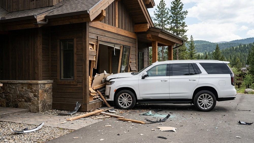 A large white sport utility vehicle partially lodged inside the corner of a mountain-style wooden building with debris scattered on the ground.