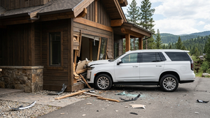 A large white sport utility vehicle partially lodged inside the corner of a mountain-style wooden building with debris scattered on the ground.
