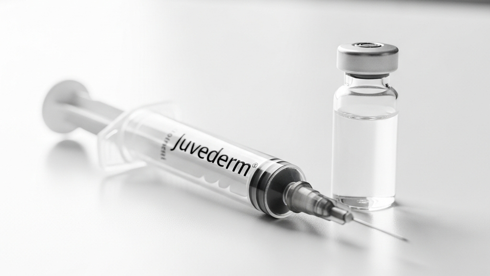 A close-up view of a Juvederm dermal filler syringe resting on a sterile white surface next to a glass vial.