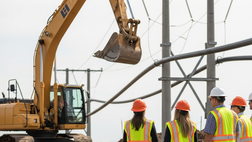 A construction site with excavation equipment near a modern utility line and a group of safety inspectors in high-visibility vests.