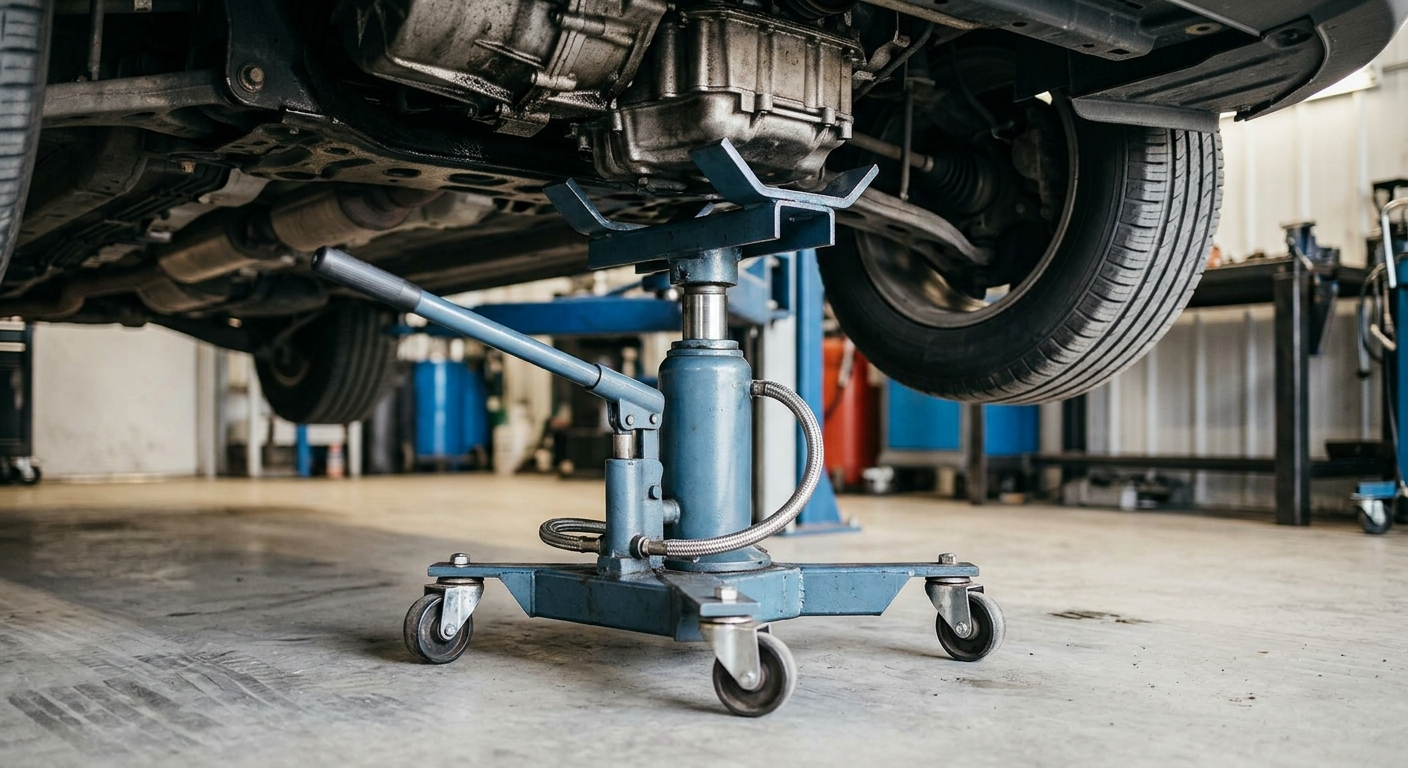 A heavy-duty steel transmission jack positioned under a vehicle in a garage, focusing on the lifting cradle and hydraulic mechanism.