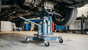 A heavy-duty steel transmission jack positioned under a vehicle in a garage, focusing on the lifting cradle and hydraulic mechanism.