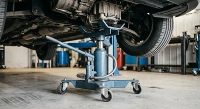 A heavy-duty steel transmission jack positioned under a vehicle in a garage, focusing on the lifting cradle and hydraulic mechanism.