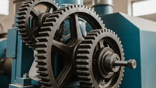 A close-up view of industrial machinery gears in a grain processing facility highlighting the lack of a safety guard.