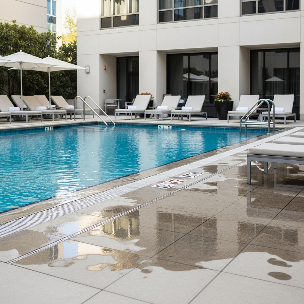 A luxury hotel swimming pool area with lounge chairs and blue water, showing a wet tile floor near the edge without any safety signage.
