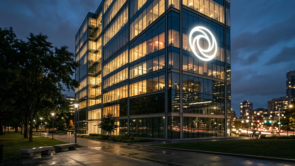 A modern glass office building at night with a glowing abstract circular white icon visible on the facade, reflecting a park and city lights.