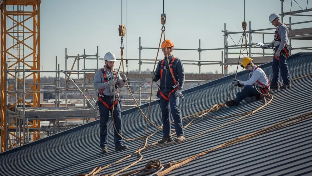 A construction site with a high roof and safety equipment like harnesses and scaffolding, illustrating safety protocols.