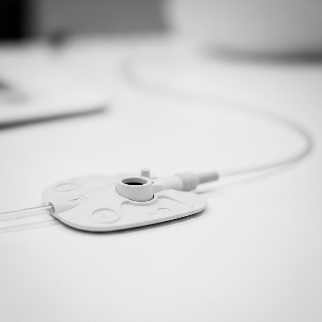 A close-up of a medical port device with a thin catheter tube, resting on a clean clinical surface, emphasizing the synthetic material and structural design.