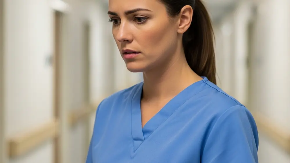 A healthcare professional in scrubs looking concerned while standing in a hospital corridor.
