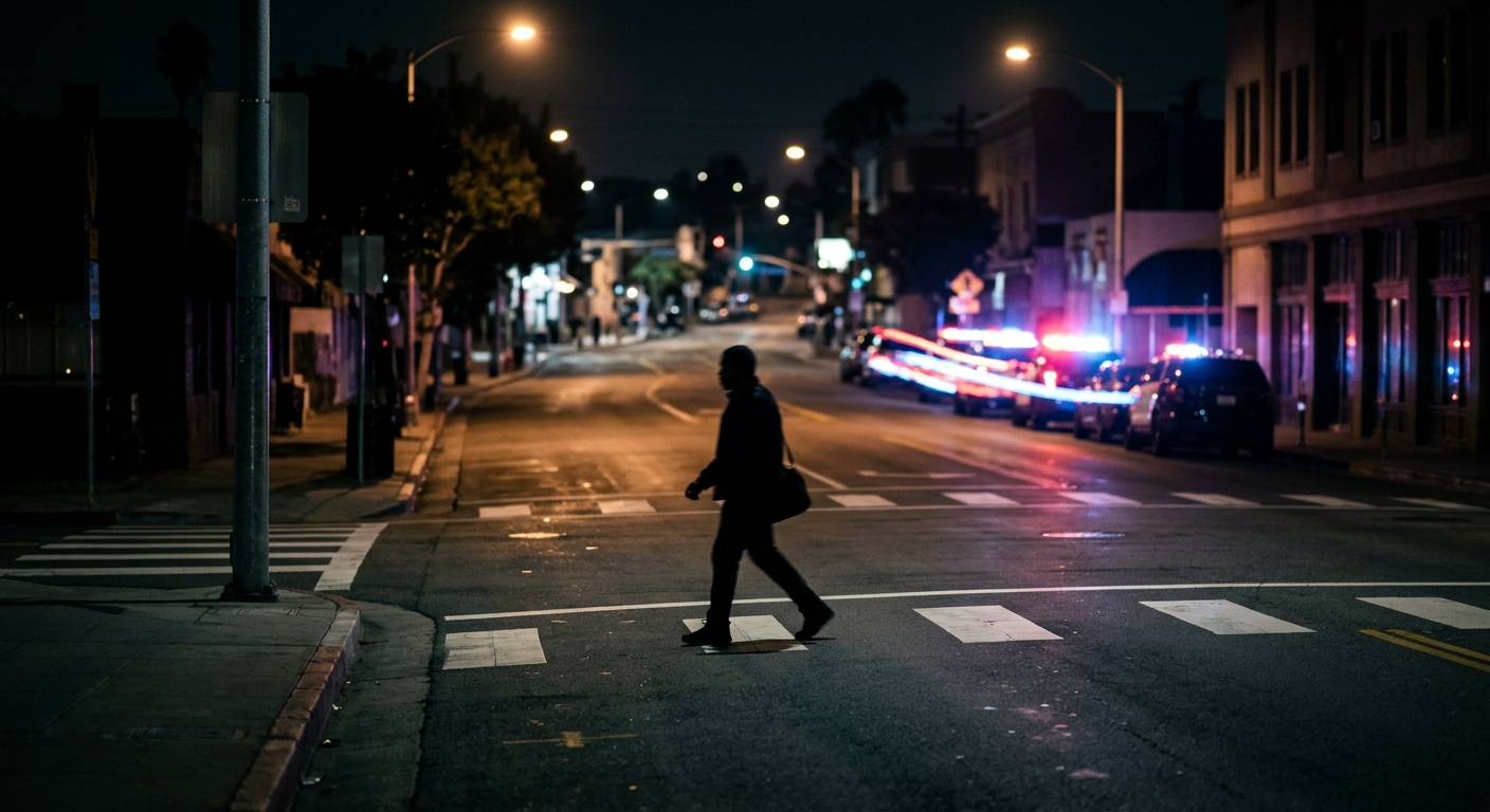 A night scene in San Pedro with a lone silhouette of a pedestrian near a crosswalk and blurred emergency lights in the distance
