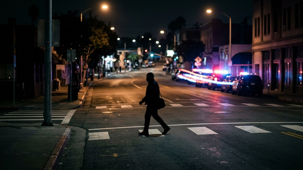 A night scene in San Pedro with a lone silhouette of a pedestrian near a crosswalk and blurred emergency lights in the distance
