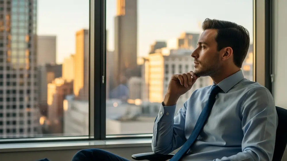 A professional person sitting in a modern office looking thoughtfully out of a large window towards a city skyline during sunset.