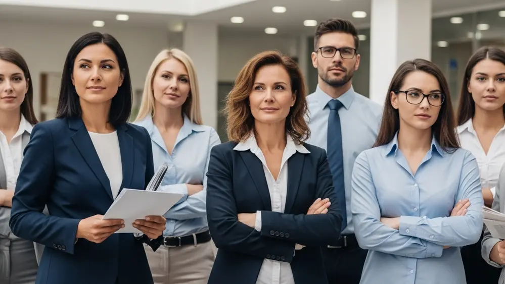 A diverse group of professional office workers standing together in a modern, brightly lit corporate lobby, looking thoughtful and determined.