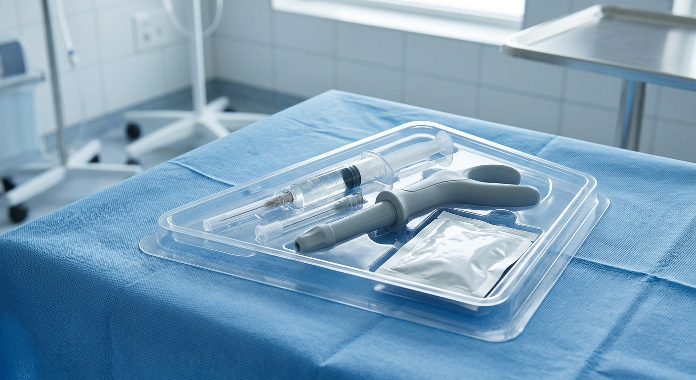 A sterile medical hydrogel kit with a syringe and applicator device resting on a blue surgical drape in a hospital setting.