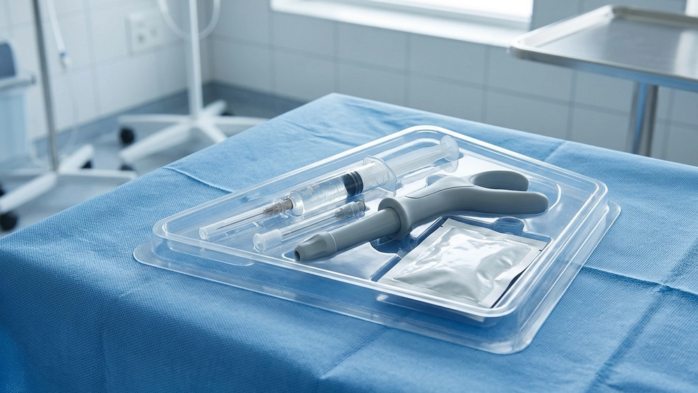 A sterile medical hydrogel kit with a syringe and applicator device resting on a blue surgical drape in a hospital setting.